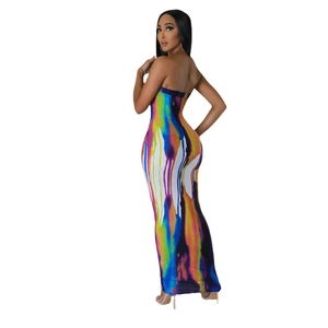 Detail of colorful abstract digital print on a tight-fitting strapless tube maxi dress