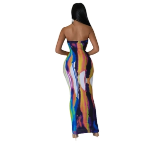 Slim fit tube maxi dress featuring vibrant digital abstract prints for a stylish look