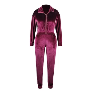 Detail of burgundy velvet tracksuit featuring a high collar and functional zip pockets