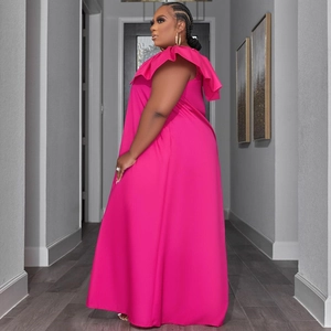 Detail of rose red plus size dress featuring off-shoulder double ruffle sleeves and A-line hem