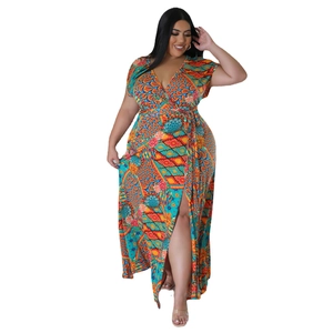 Plus size V-neck maxi dress with colorful geometric print and belted waist