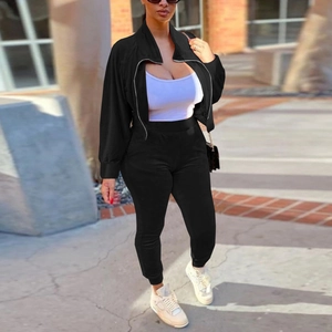 Women's black velvet two-piece leisure set with zipper jacket and slim-fit jogger pants