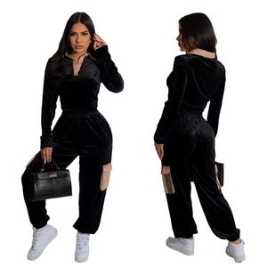 Women's 2-piece black velvet tracksuit set with long sleeves and cargo joggers