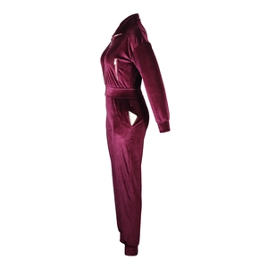 Detail view of burgundy velvet jumpsuit featuring side zip pockets and tailored fit