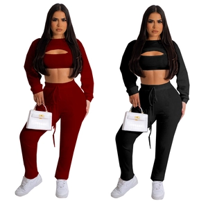 Three-piece rib-knit lounge set with cutout crop top, bandeau, and drawstring pants