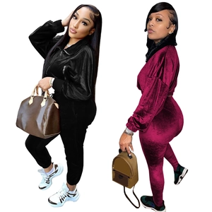 Women Casual Velvet Top And Bottom Set Solid Color Zip Up Jacket And Long Pants Two Piece Tracksuit Streetwear Loungewear