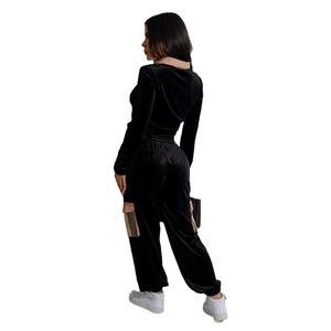 Women's black velvet two-piece tracksuit featuring plaid patterned cargo pockets