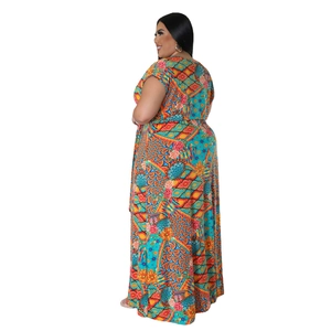 Plus size V-neck maxi dress with colorful geometric floral prints and belted waistline