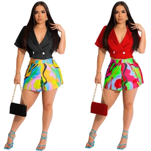 Women V Neck Short Sleeve Double Breasted Blazer Top And Abstract Print High Waist Shorts Two Piece Top And Bottom Set