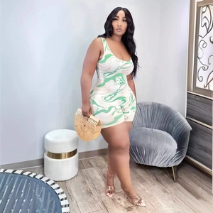 Women's sleeveless bodycon romper featuring a green and white marble print design