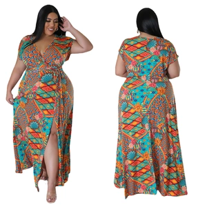 Plus Size Women Bohemian Maxi Dress V Neck Short Sleeve Geometric Floral Print Belted High Slit Summer Casual Party Dress