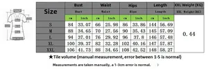 Detailed size chart for black and white print dress with measurements in cm and inches