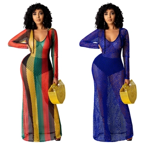 Damen Sexy Mesh Durchsichtig Kapuzenkleid Maxi Kleid Hohl Gestreift Langarm Strand Cover Up Club Party Figurbetontes Kleid