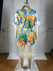 Rear view of tropical floral print shirt and shorts set with decorative scalloped lace trim