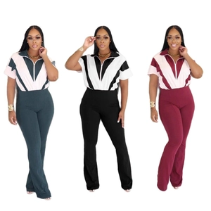 Combinaison Sexy pour Femme Col en V Fermeture Éclair Bloc de Couleur Coupe Ajustée Jambe Évasée Pantalon Long Décontracté Romper