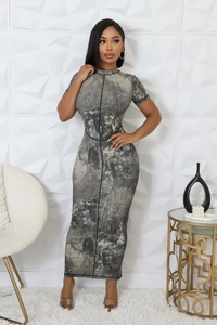 Detail of grey and black ink wash print on ribbed knit maxi dress with mock neck