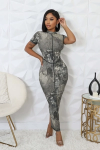 Detail showing the gray and black tie-dye print on the ribbed knit bodycon dress fabric