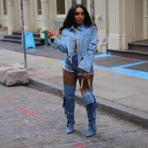 Veste en Jean Femme avec Strass et Rivets Col Chemise Court Manches Longues Manteau Denim Streetwear