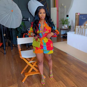 Women Floral Print Colorful Long Sleeve Button Down Shirt And High Waist Shorts Vacation Summer Beach Holiday Outfit