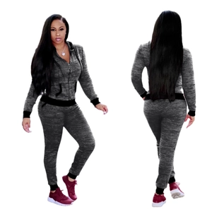 Women's grey hooded tracksuit set with zip jacket and joggers shown from front and back