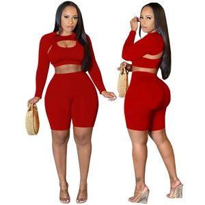 Women Casual Sports Vest Long Sleeve Hollow Out Crop Top Shrug And High Waist Cycling Shorts Slim Fit Athletic Clothing