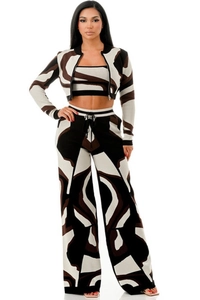 Three-piece knit set featuring abstract geometric pattern and drawstring wide-leg pants