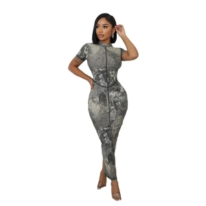 Women's slim fit short sleeve maxi dress with grey-black abstract print and ribbed texture