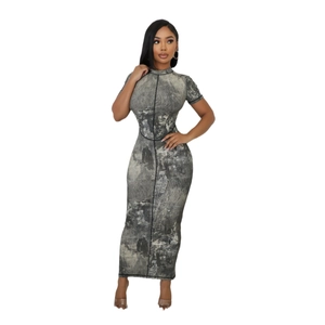 Slim-fit mock neck maxi dress in grey marble print with black contrast stitching