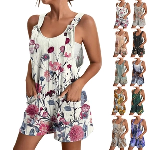 Women Summer V Neck Sleeveless Jumpsuit Floral Print Loose Romper With Pockets Casual Polyester Shorts Set One Piece