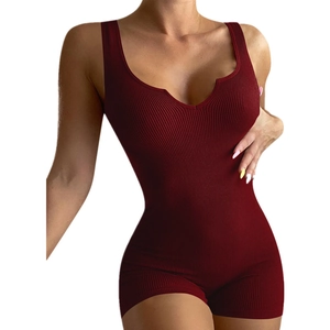 Burgundy sleeveless ribbed knit bodysuit for women with a notched V-neckline and slim fit