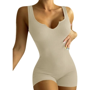 Slim fit beige ribbed knit V-neck sleeveless romper bodysuit for casual summer wear
