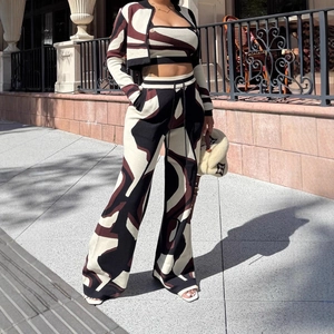 Women Abstract Print Cardigan Jacket And Crop Top And Wide Leg Pants Top And Bottom Polyester Patchwork Outfits