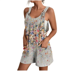 Women's summer floral jumpsuit with V-neck, straps and pockets in a casual holiday style