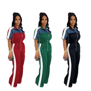 Women Colorblock Jumpsuit Stand Collar Front Zipper Short Sleeve High Waist Wide Leg Long Pants Casual Sporty Fashion Outfit