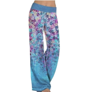 Pantaloni da yoga larghi a vita alta con motivo floreale sfumato viola e blu