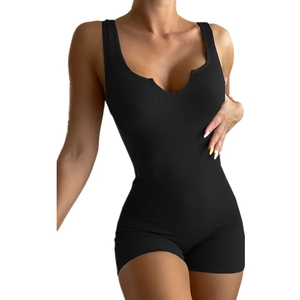 Detail of ribbed knit texture on black V-neck sleeveless bodysuit for women