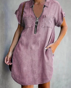 Relaxed fit short sleeve denim shirt dress with lapel collar and front zipper detail