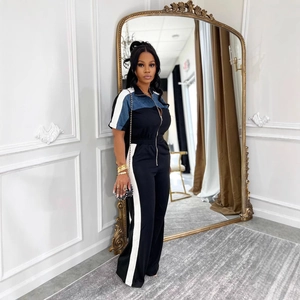 Women's sporty short sleeve jumpsuit featuring color-block design and high waist wide legs