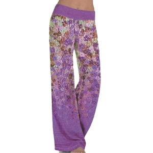 Pantaloni da yoga a gamba larga con stampa floreale viola da donna a vita alta sportivi