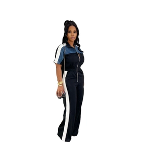 Women's tricolor patchwork jumpsuit with stand collar, short sleeves and wide leg pants