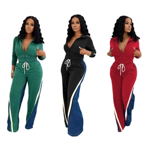 Women Casual Patchwork Clothing Outfit Zip Up Stand Collar Jacket And Wide Leg Pants Tracksuit For Winter Autumn Daily Wear