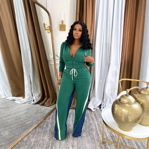 Women's dark green and denim blue patchwork sports set with zipper top and wide-leg pants