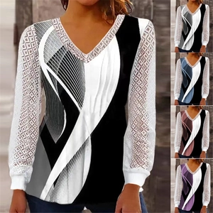 Women's V Neck Lace Patchwork Top Geometric Print Long Sleeve Loose Casual Blouse Shirt Elegant Ladies Clothing