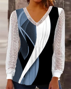 Women's V-neck long sleeve top with geometric print and white lace crochet detailing