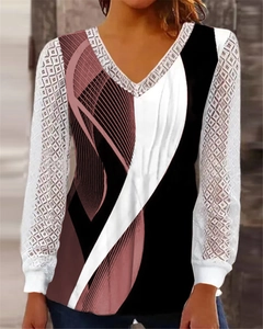 Women's V-neck long sleeve top with floral lace patchwork and geometric print