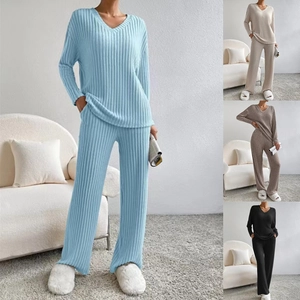 Women's 2-piece v-neck ribbed knit lounge set with long sleeves and wide leg pants