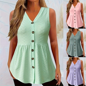 Top da Donna Senza Maniche con Scollo a V e Orlo Peplum Bottoni Frontali Tinta Unita Testurizzata Maglietta Estiva Casual