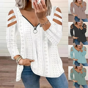 Women's V Neck Zipper T-Shirt Casual Cold Shoulder Eyelet Long Sleeve Top Loose Solid Color Polyester Tee Streetwear