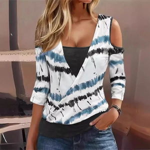 Women's V-neck cold-shoulder long sleeve top with blue and black artistic print pattern