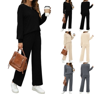 Femmes Décontracté Couleur Unie Côtelé Tricoté Manches Longues Col Rond Top Et Pantalon Large Ensemble Loungewear